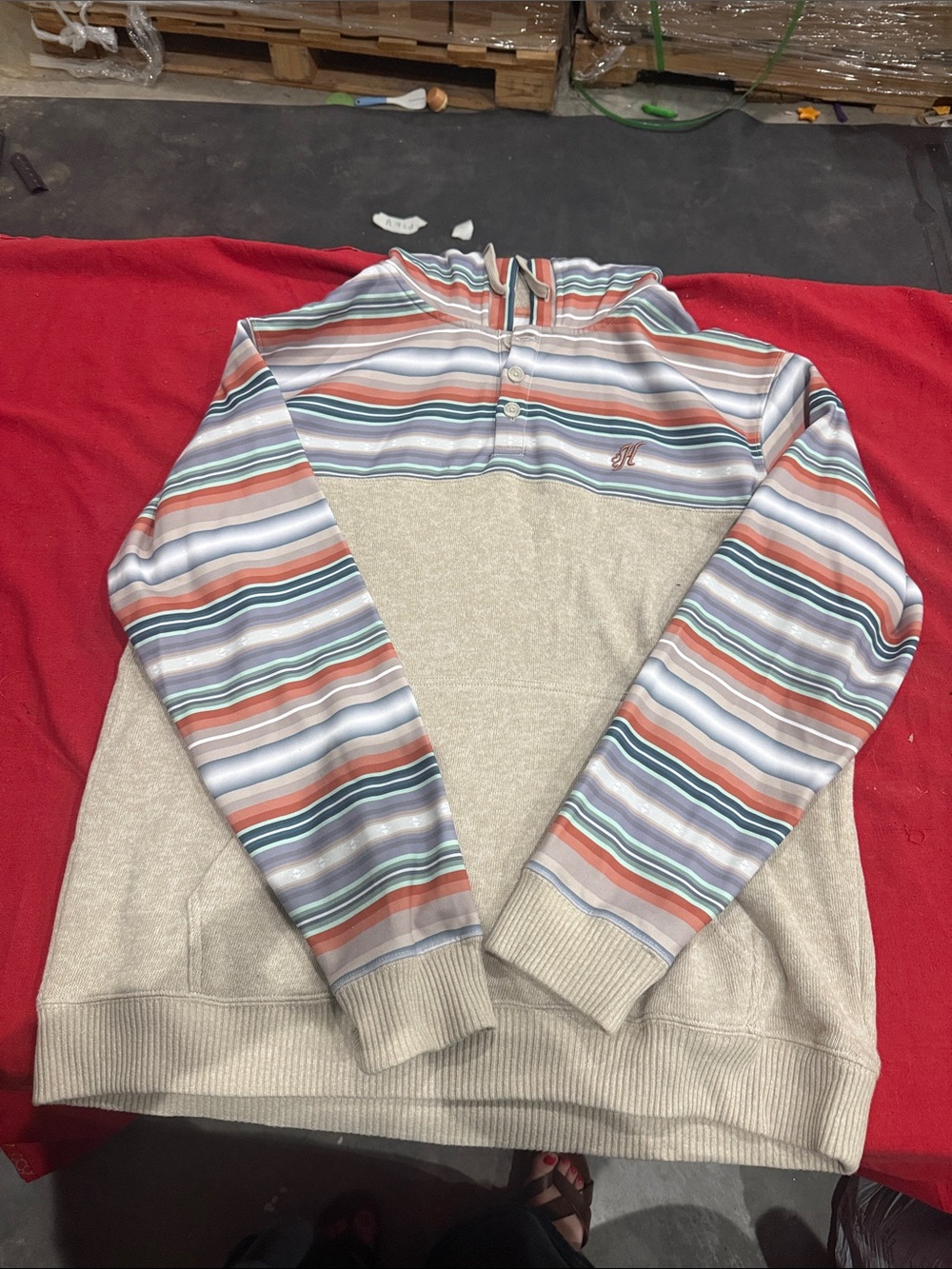 Hooey Women's Striped buttoned Sweater - Beige, Coral & Teal